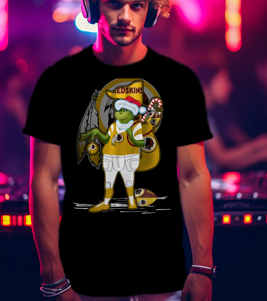 Grinchxmas V1 Washington Redskins Christmas Crossover With Santa Hat And Football Iconography T-Shirt