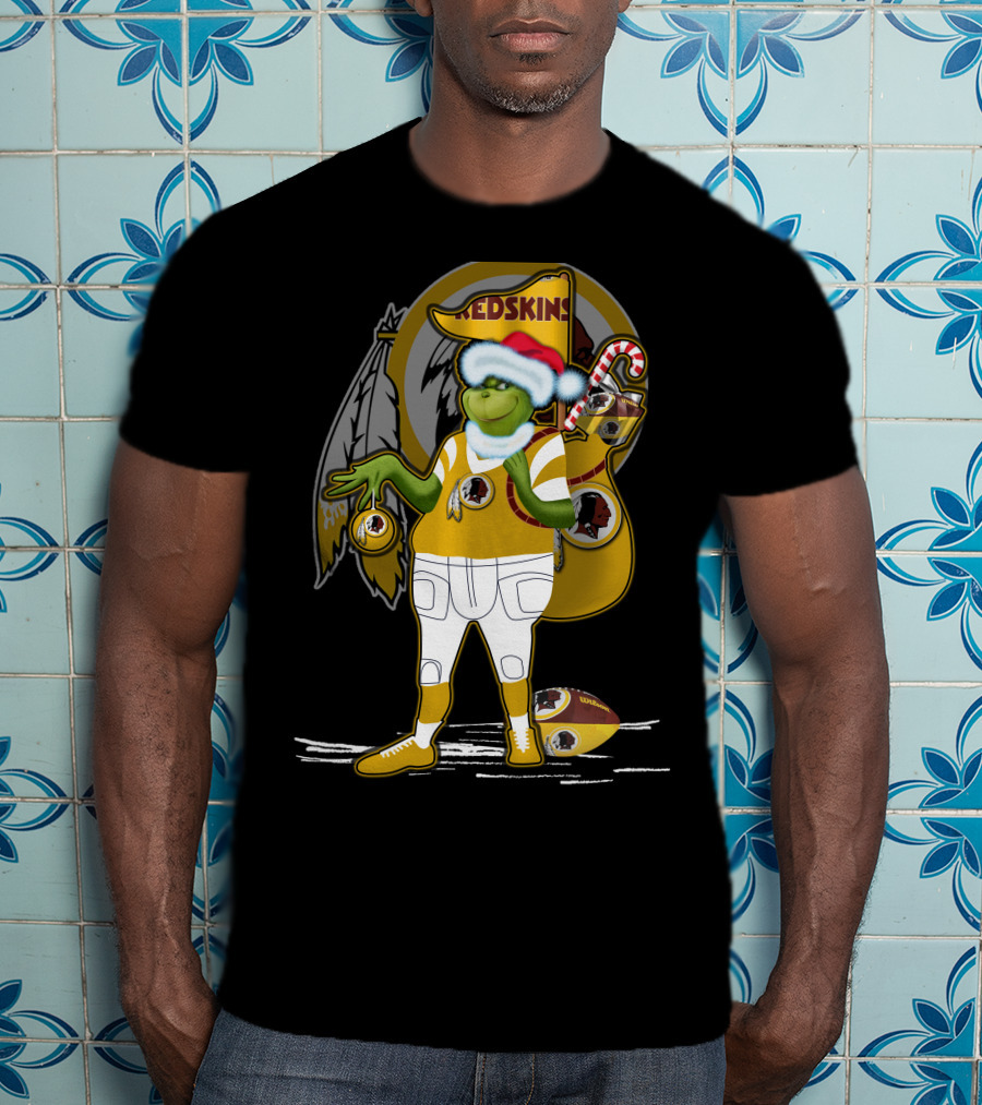 Grinchxmas V1 Washington Redskins Christmas Crossover With Santa Hat And Football Iconography T-Shirt