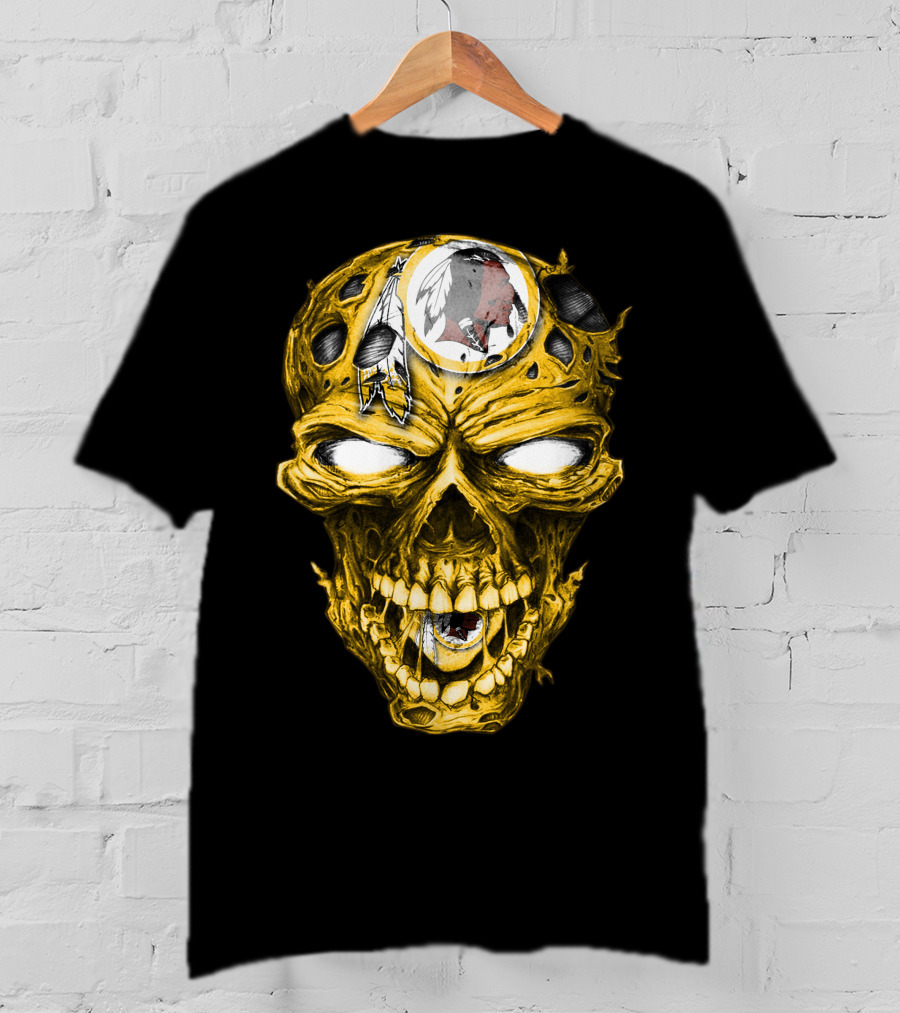 Skull V2 Washington Redskins Logo With Feather Headdress On Yellow Grinning Skull T-Shirt