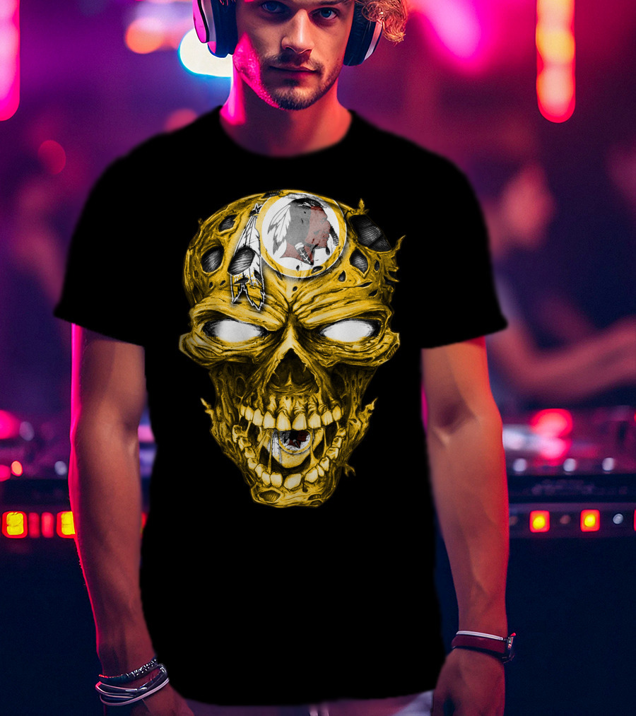 Skull V2 Washington Redskins Logo With Feather Headdress On Yellow Grinning Skull T-Shirt