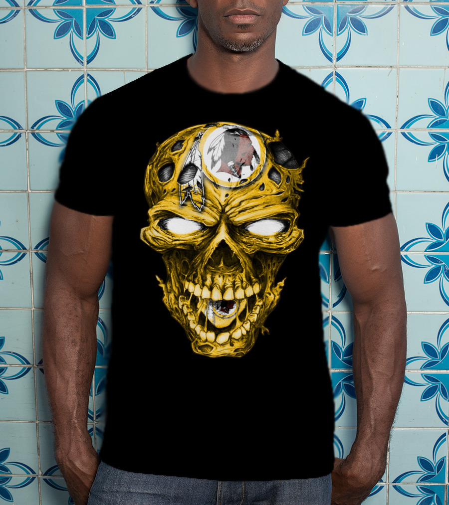Skull V2 Washington Redskins Logo With Feather Headdress On Yellow Grinning Skull T-Shirt
