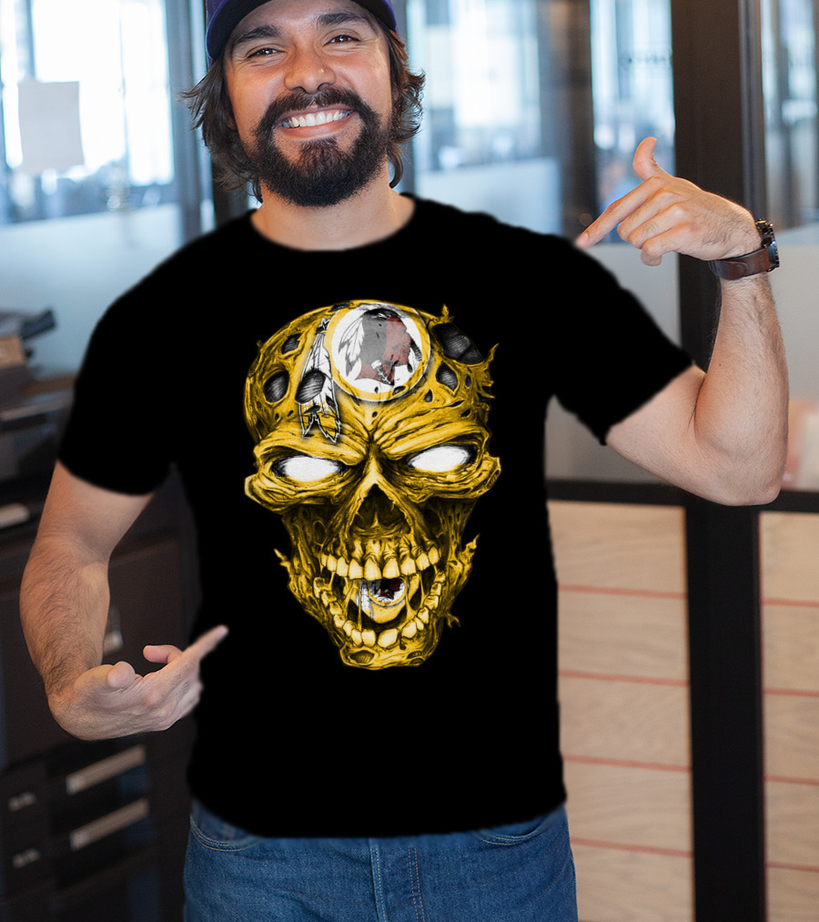 Skull V2 Washington Redskins Logo With Feather Headdress On Yellow Grinning Skull T-Shirt