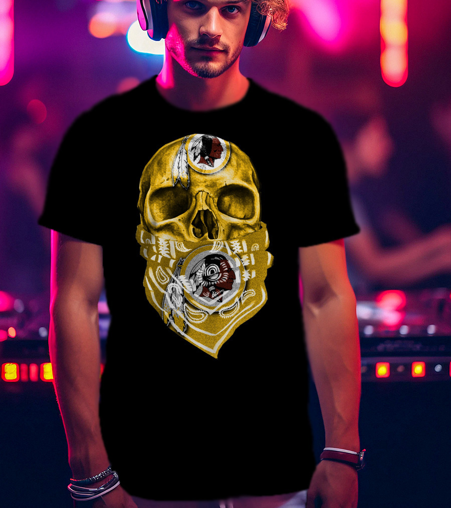 Skull Washington Redskins Logo With Yellow Bandana And Native American Symbolics T-Shirt