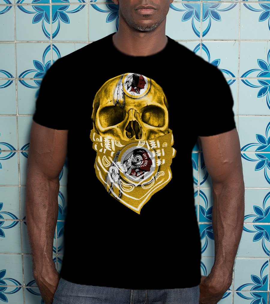 Skull Washington Redskins Logo With Yellow Bandana And Native American Symbolics T-Shirt