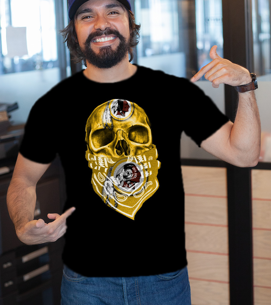 Skull Washington Redskins Logo With Yellow Bandana And Native American Symbolics T-Shirt
