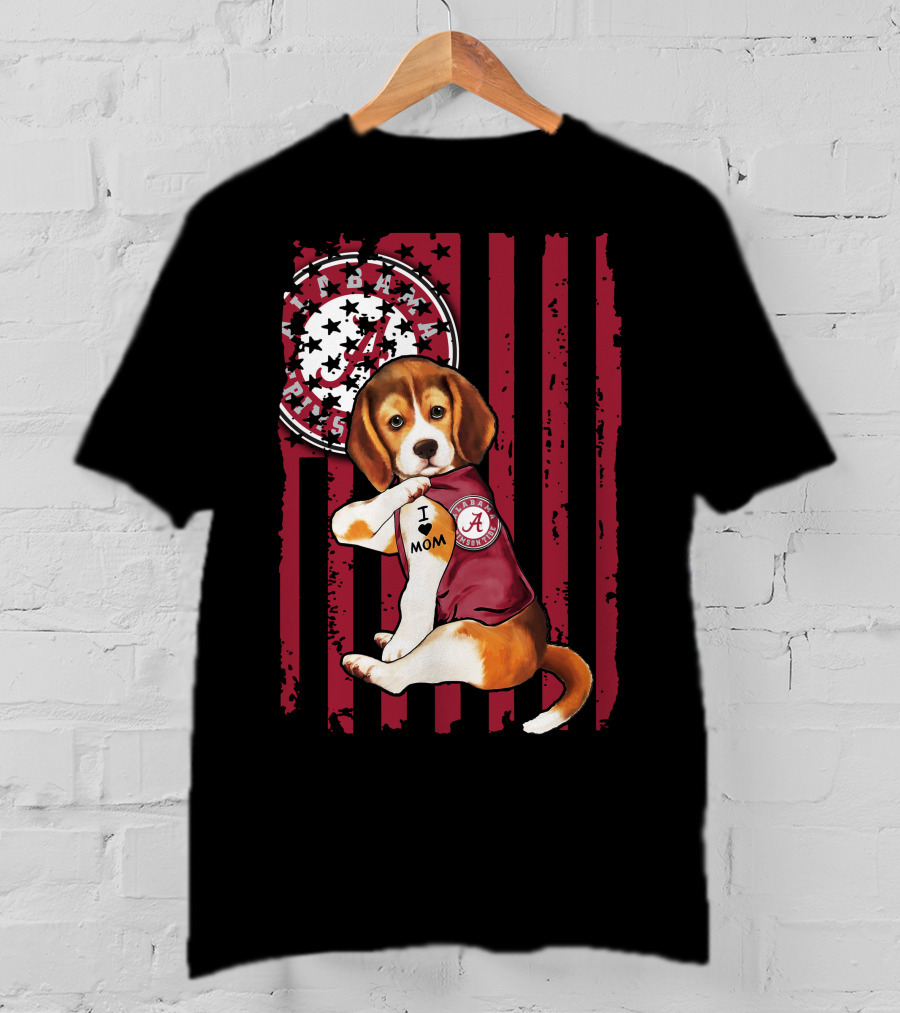 Beagle I Love Mom Alabama Crimson Tide Logo Usa Flag T-Shirt