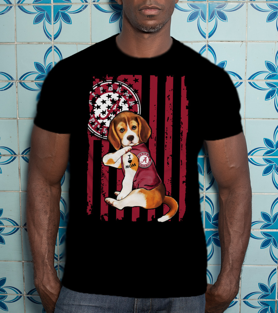Beagle I Love Mom Alabama Crimson Tide Logo Usa Flag T-Shirt