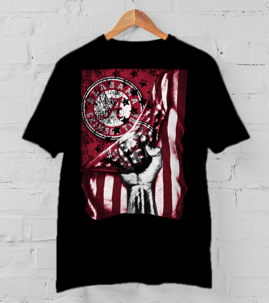 Alabama Crimson Tide Flag With Stars And Stripes Hand Motif T-Shirt