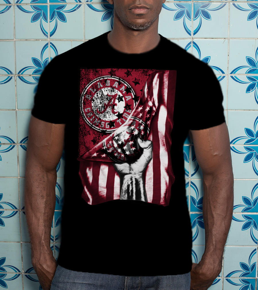 Alabama Crimson Tide Flag With Stars And Stripes Hand Motif T-Shirt