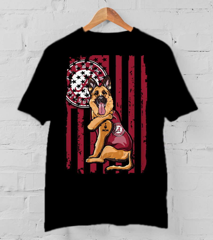 German Shepherd Alabama Crimson Tide Pride With I Love Mom Tattoo T-Shirt
