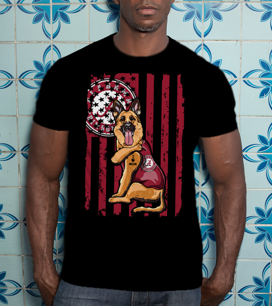 German Shepherd Alabama Crimson Tide Pride With I Love Mom Tattoo T-Shirt