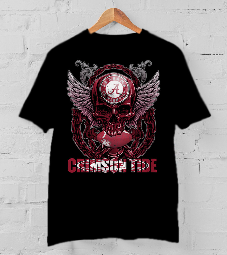 Alabama Crimson Tide Skullfb Winged Skull Football T-Shirt