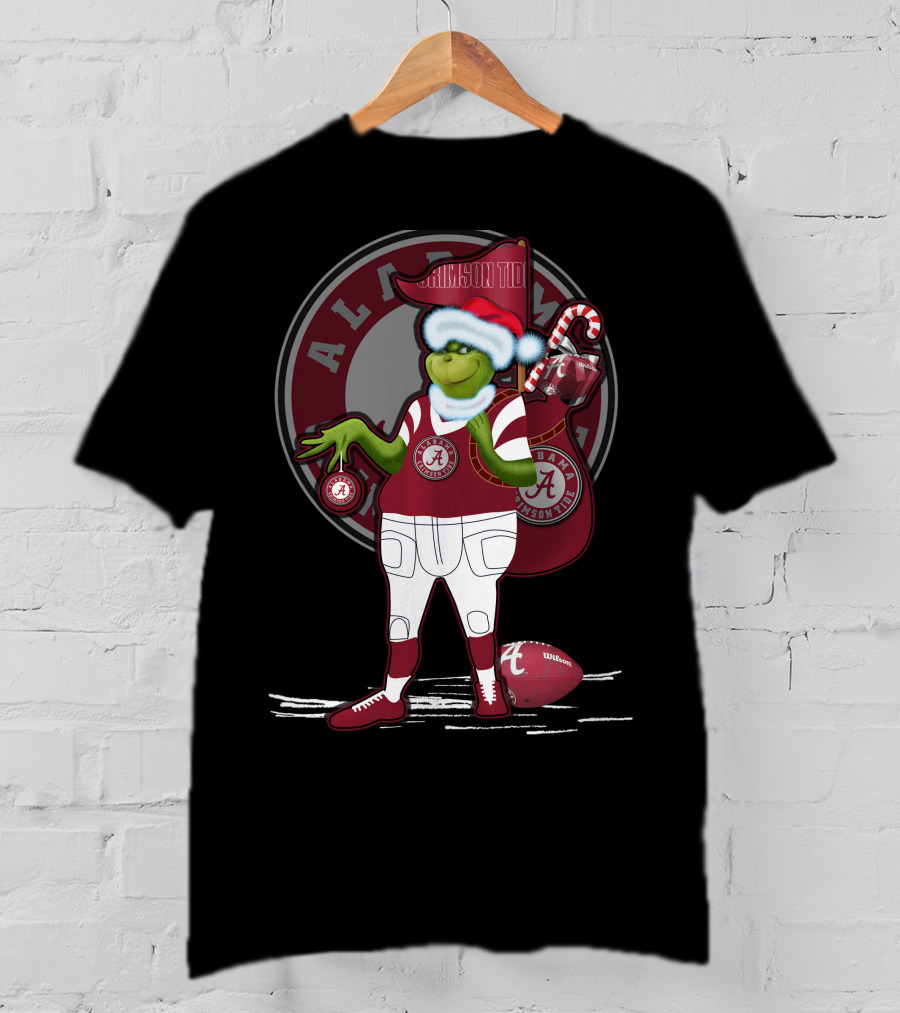 Grinchxmas Alabama Crimson Tide Football Theme With Santa Hat And Candy Cane Bag T-Shirt