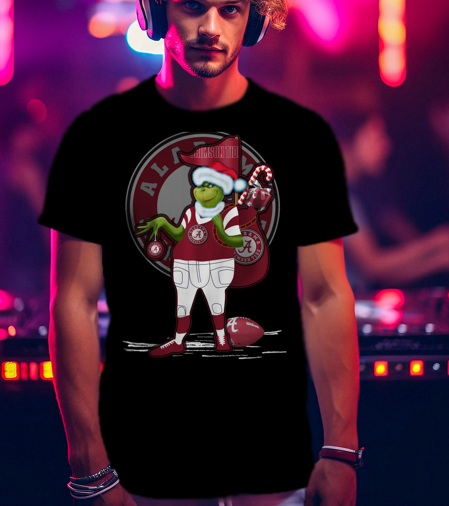 Grinchxmas Alabama Crimson Tide Football Theme With Santa Hat And Candy Cane Bag T-Shirt