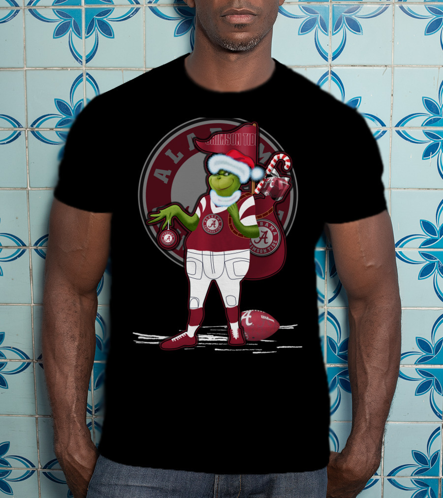 Grinchxmas Alabama Crimson Tide Football Theme With Santa Hat And Candy Cane Bag T-Shirt