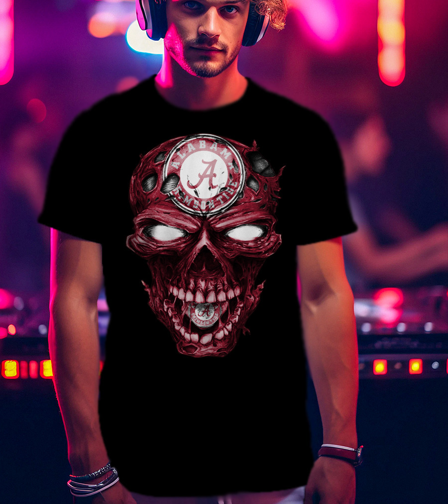 Skull V2 Alabama Crimson Tide A Logo Grinning Red Eyes T-Shirt