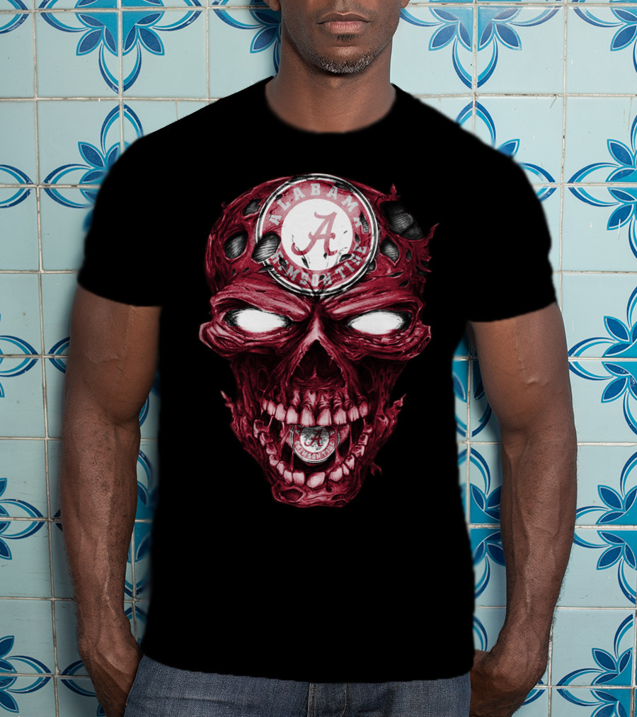 Skull V2 Alabama Crimson Tide A Logo Grinning Red Eyes T-Shirt