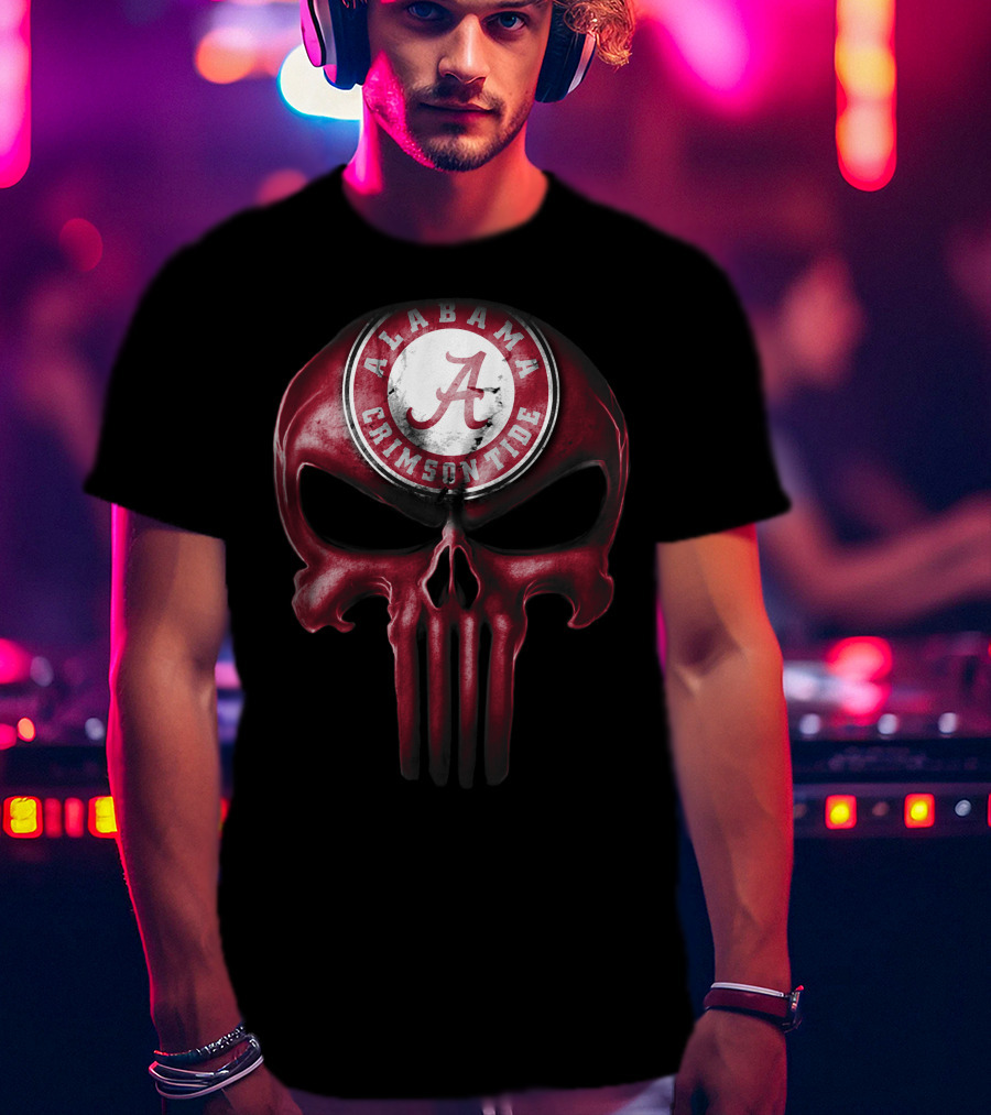 Skull Alabama Crimson Tide Logo Punisher Style T-Shirt