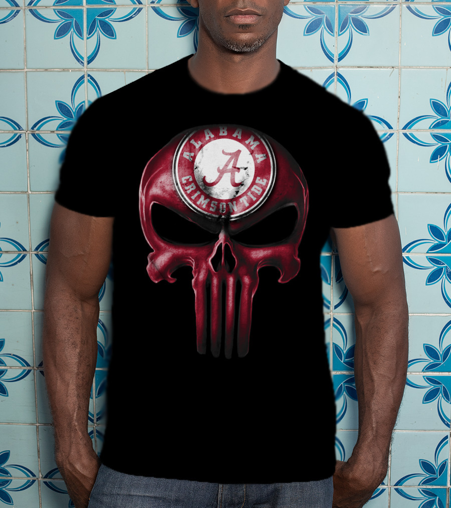 Skull Alabama Crimson Tide Logo Punisher Style T-Shirt