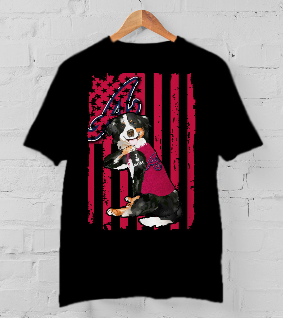 Border Collie I Love Mom Atlanta Braves A American Flag T-Shirt
