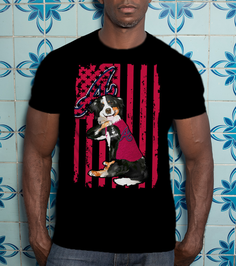 Border Collie I Love Mom Atlanta Braves A American Flag T-Shirt