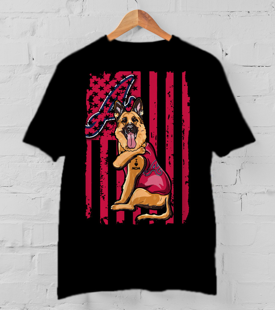 German Shepherd Wearing Atlanta Braves Jersey With A Logo And Flag Background T-Shirt