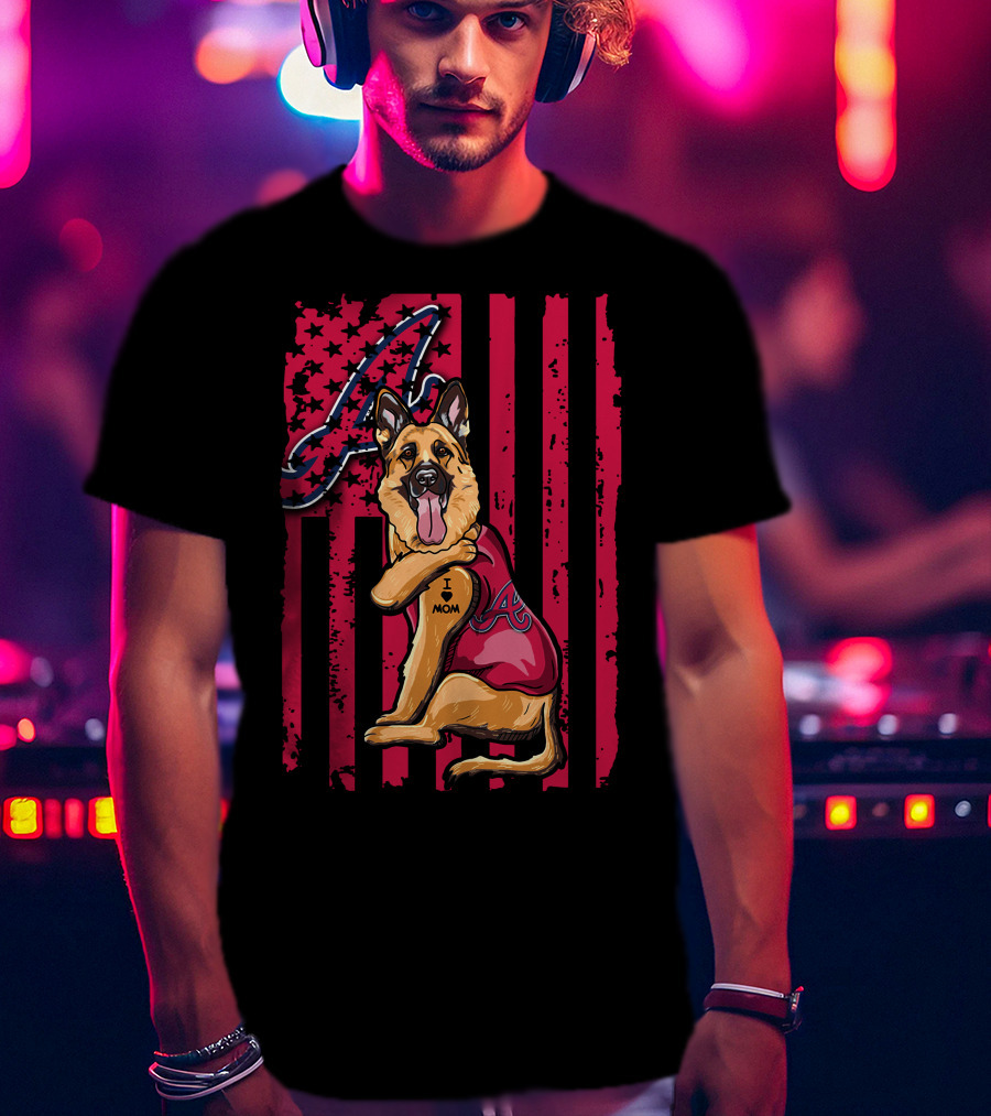 German Shepherd Wearing Atlanta Braves Jersey With A Logo And Flag Background T-Shirt