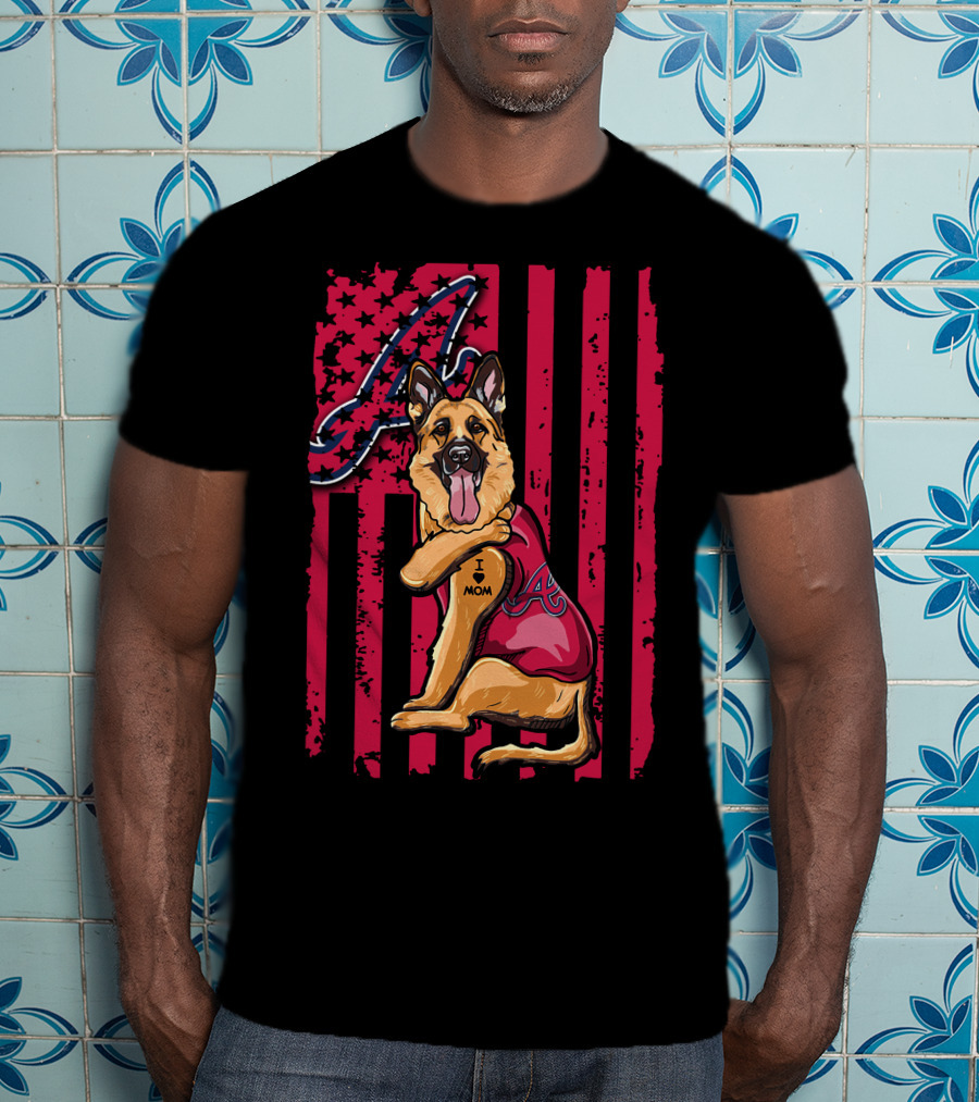 German Shepherd Wearing Atlanta Braves Jersey With A Logo And Flag Background T-Shirt