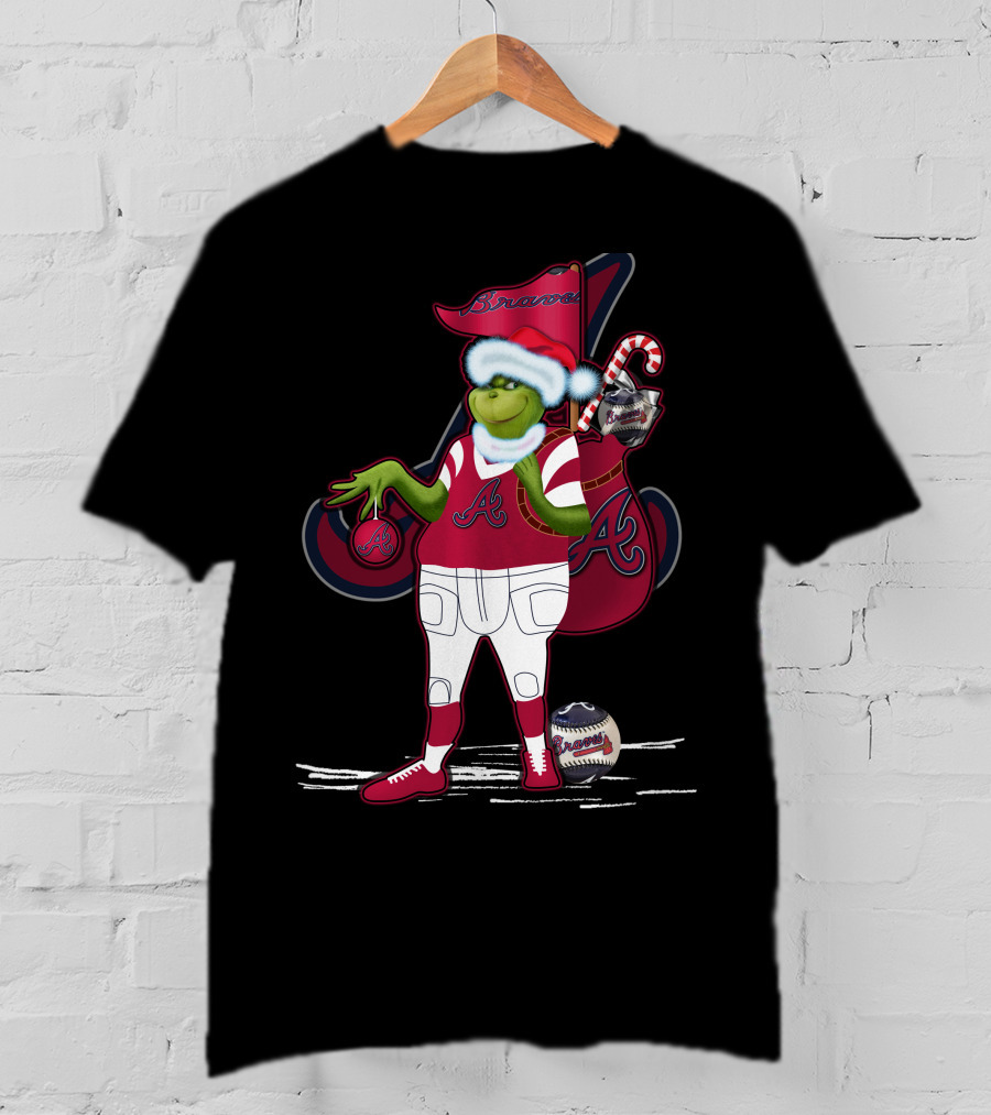 Grinchxmas Atlanta Braves Santa Holding Baseball Candy Cane T-Shirt