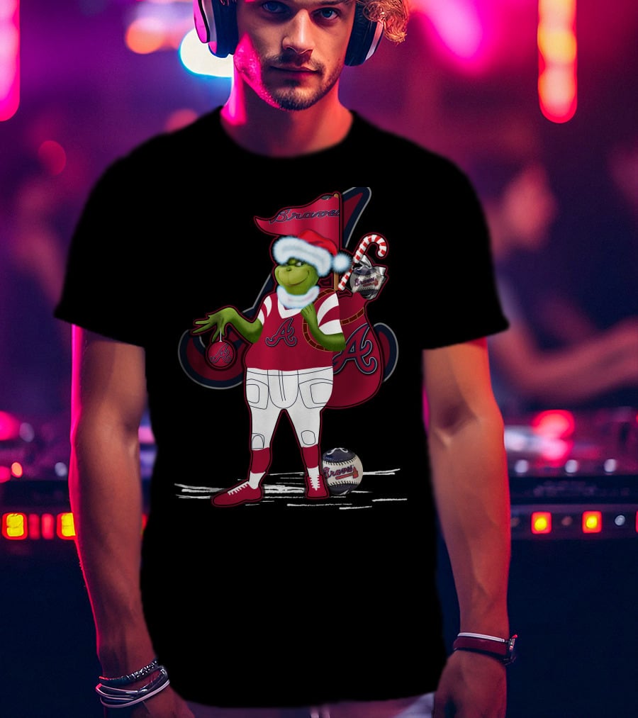 Grinchxmas Atlanta Braves Santa Holding Baseball Candy Cane T-Shirt
