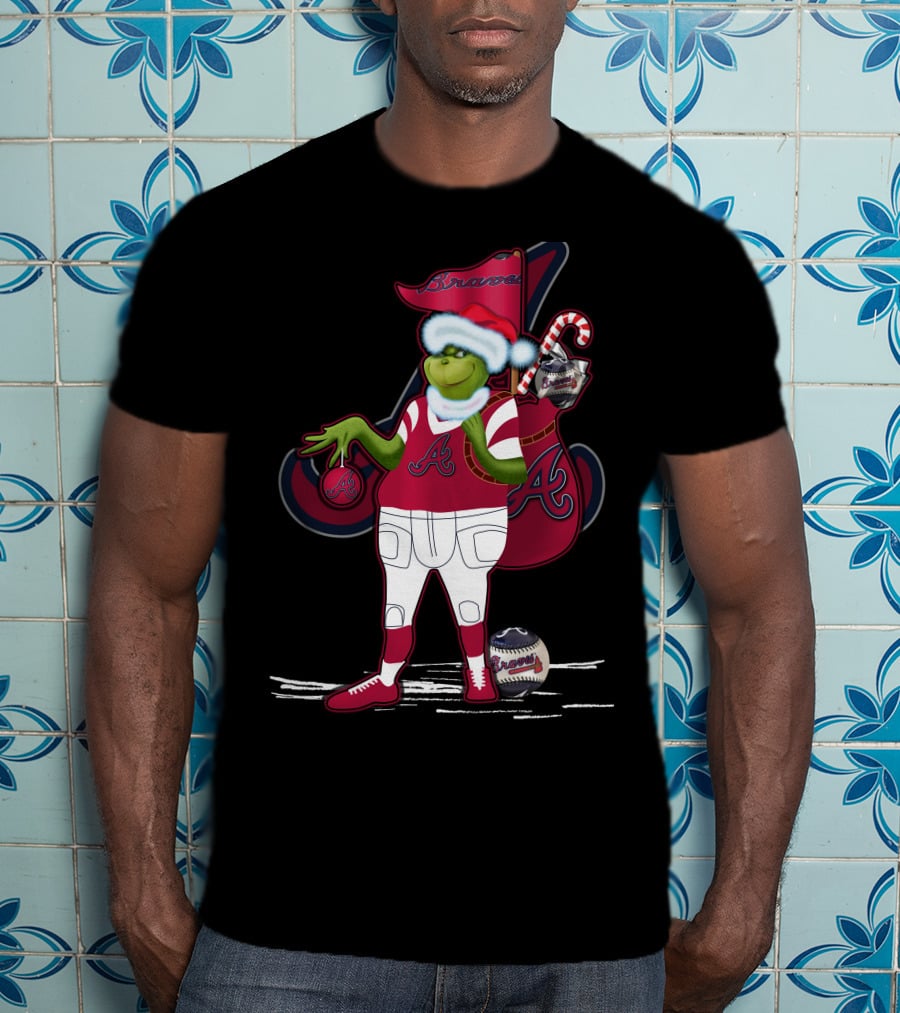 Grinchxmas Atlanta Braves Santa Holding Baseball Candy Cane T-Shirt