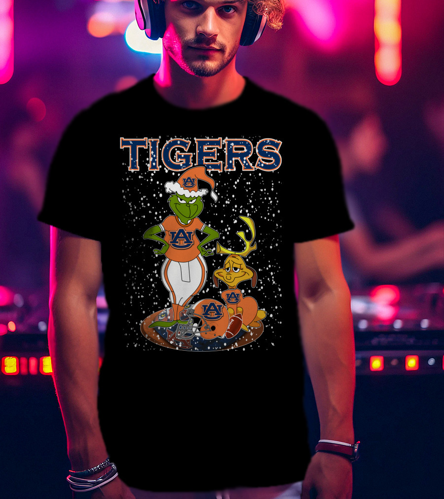 Grinch Auburn Tigers Christmas Santa Hat Snowy Football T-Shirt