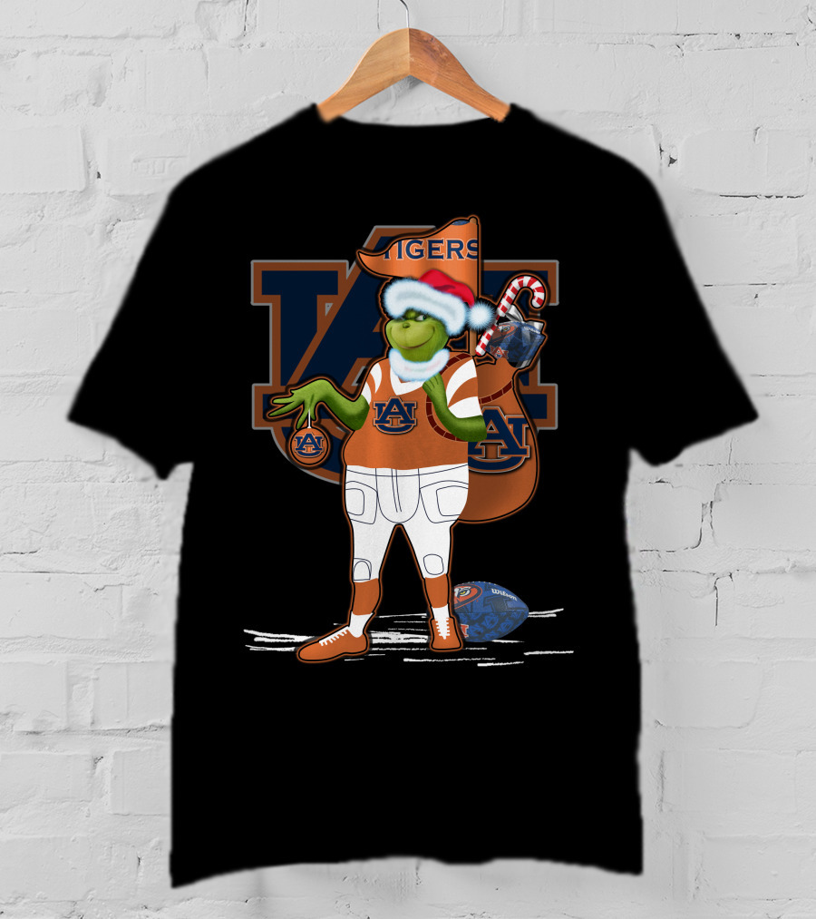 Grinch Christmas Auburn Tigers Football Santa Hat Candy Cane Sack T-Shirt
