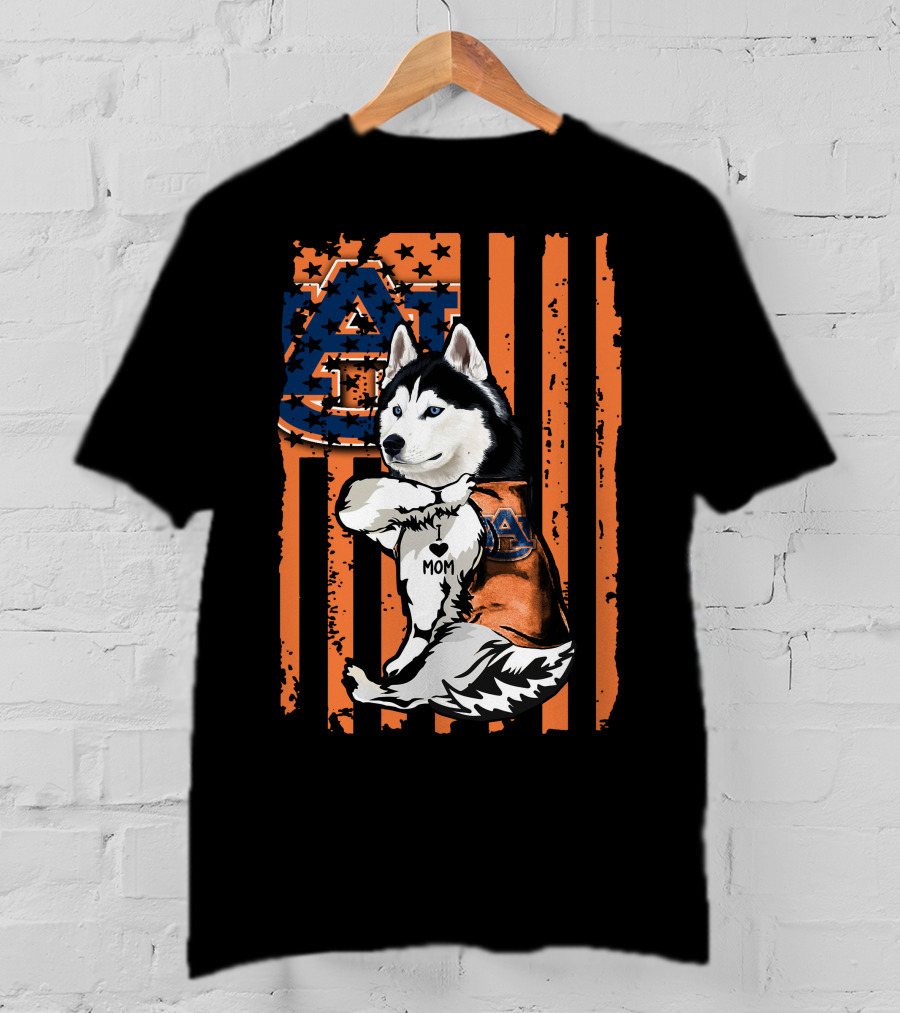 Siberian Husky Auburn Tigers Mom Heart Icon With Orange And Blue Flag T-Shirt