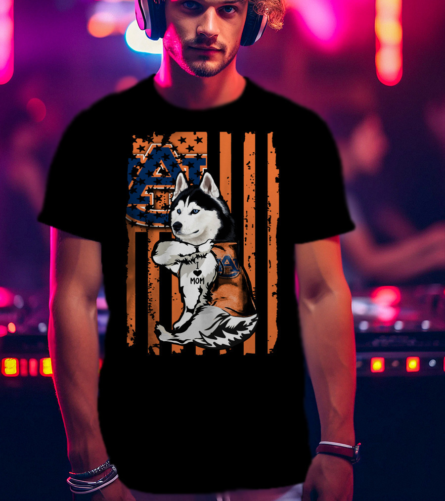 Siberian Husky Auburn Tigers Mom Heart Icon With Orange And Blue Flag T-Shirt