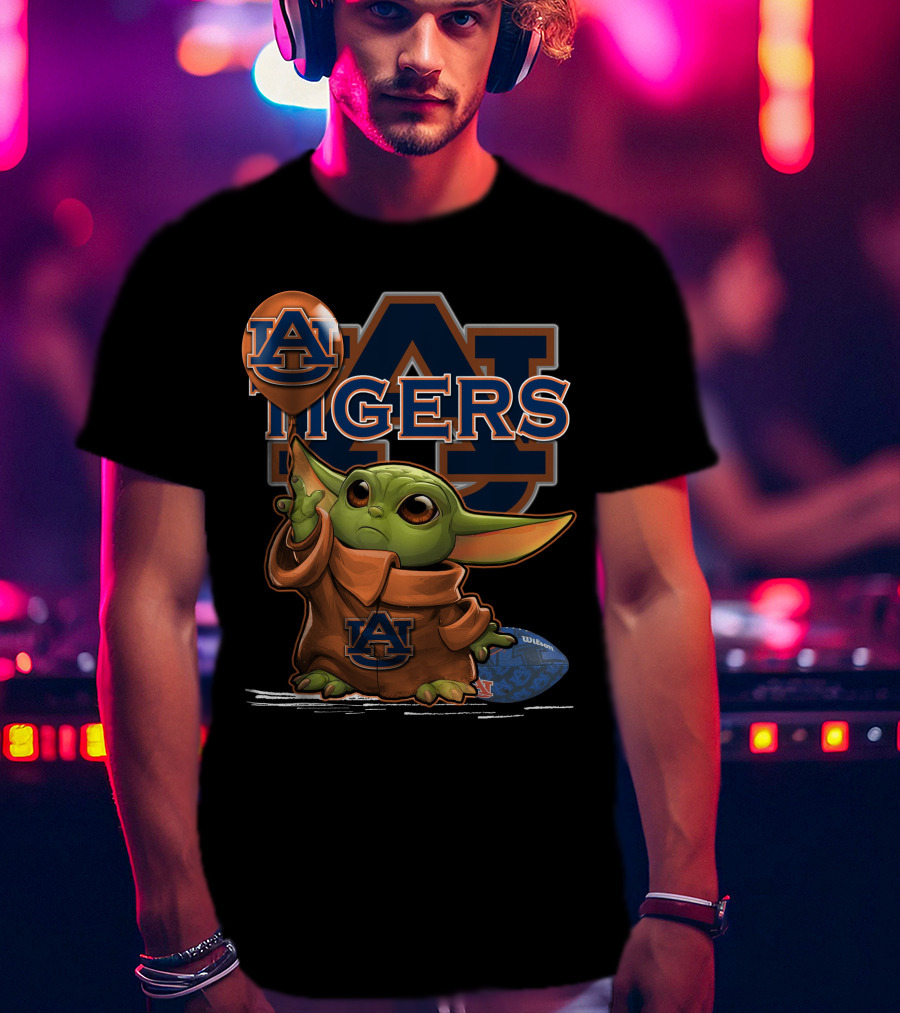 Yoda V1 Auburn Tigers Football Graphic Featuring Iconic Green Character And Au Logos T-Shirt
