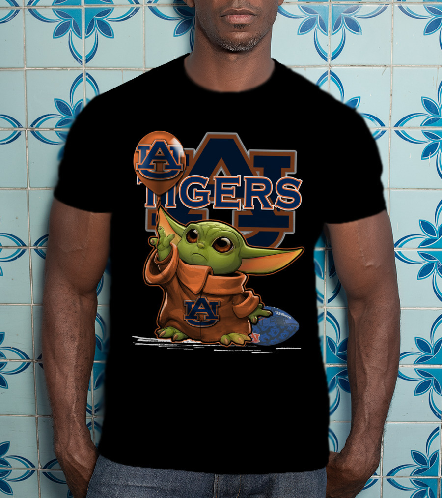 Yoda V1 Auburn Tigers Football Graphic Featuring Iconic Green Character And Au Logos T-Shirt