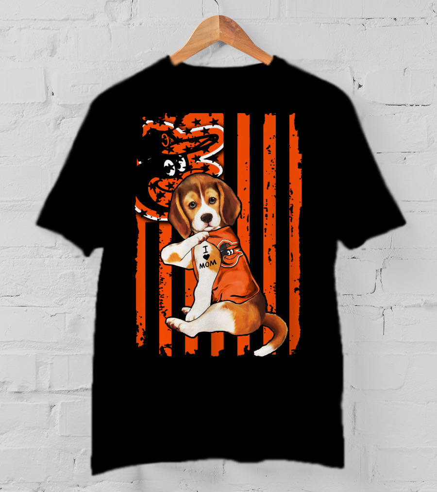 Beagle In Baltimore Orioles Orange With I Love Mom Tattoo And Stars And Stripes Background T-Shirt