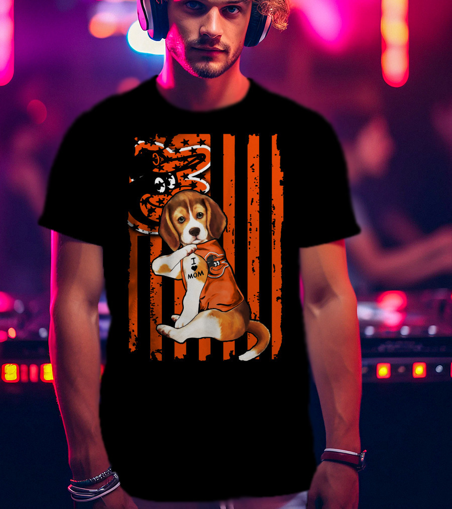 Beagle In Baltimore Orioles Orange With I Love Mom Tattoo And Stars And Stripes Background T-Shirt