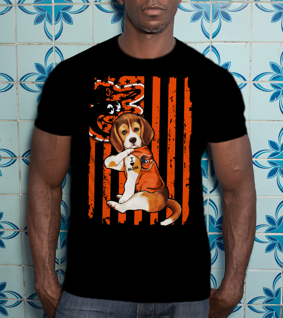 Beagle In Baltimore Orioles Orange With I Love Mom Tattoo And Stars And Stripes Background T-Shirt