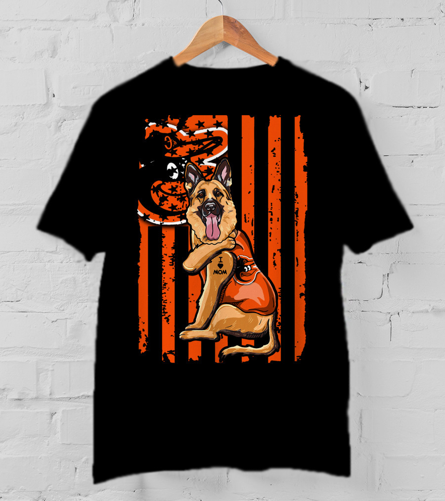 German Shepherd With Baltimore Orioles I Love Mom Tattoo Orange Stripes T-Shirt