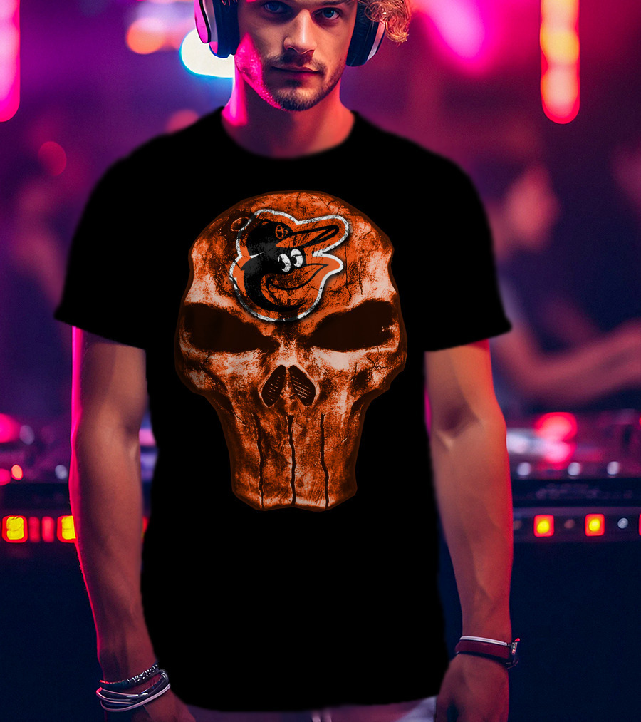 Skull V4 Baltimore Orioles Logo Grunge T-Shirt