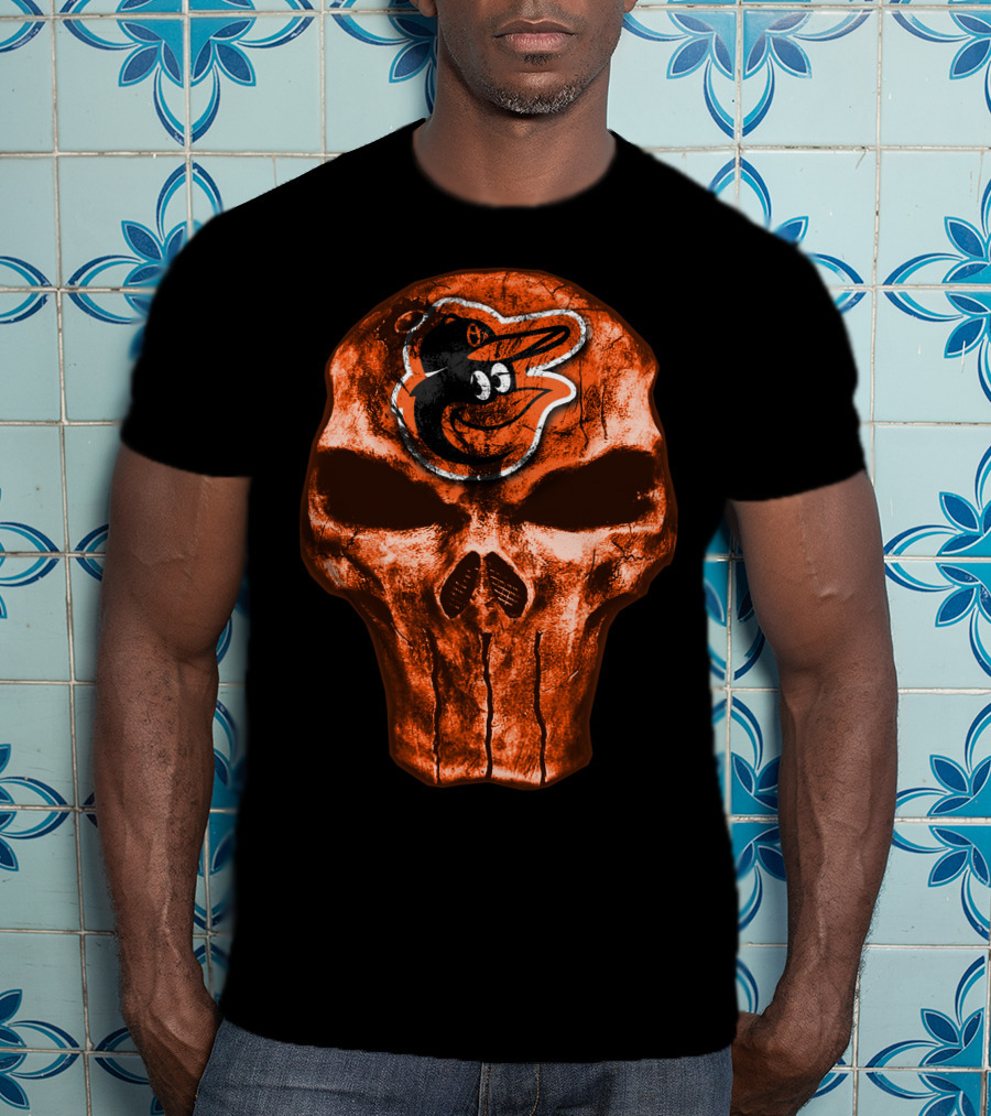 Skull V4 Baltimore Orioles Logo Grunge T-Shirt