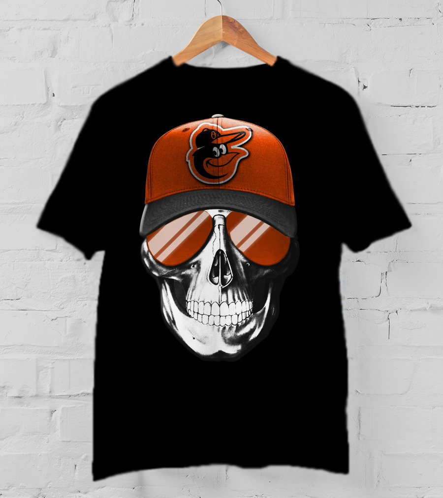Skull V7 Baltimore Orioles Cap And Sunglasses T-Shirt