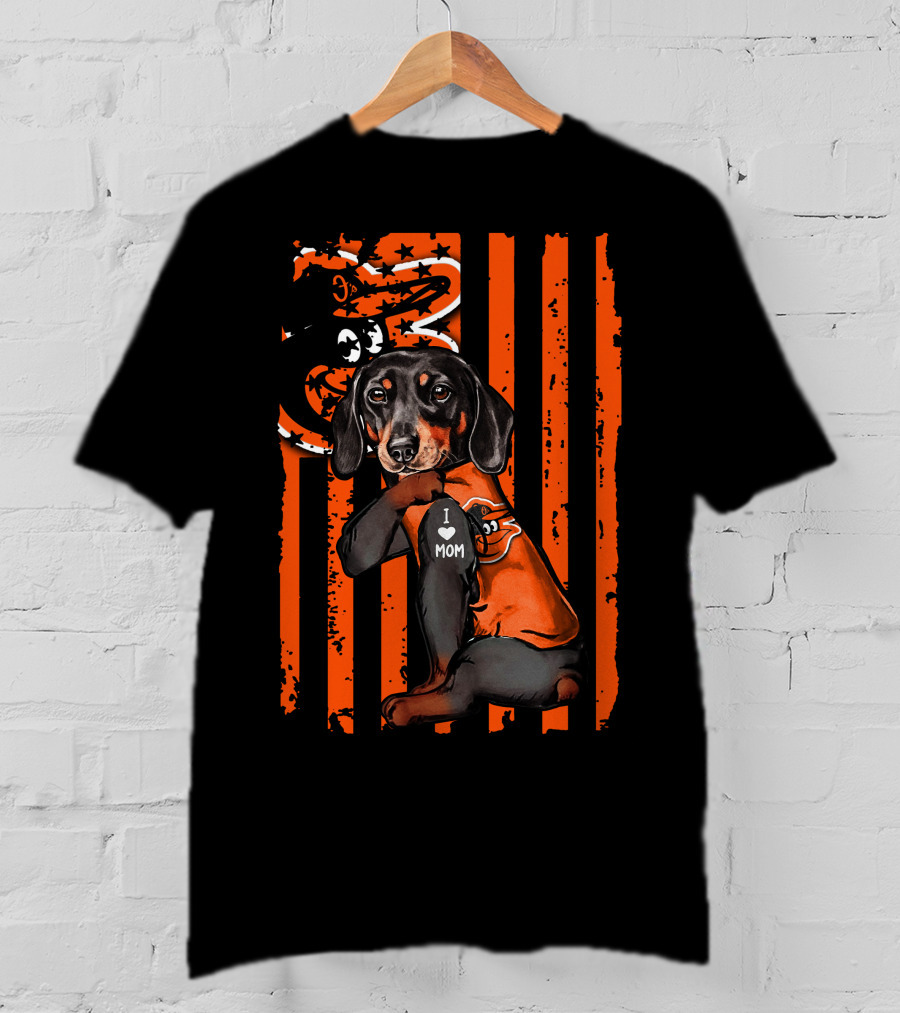 Dachshund I Love Mom Baltimore Orioles Stripes Star Flag T-Shirt