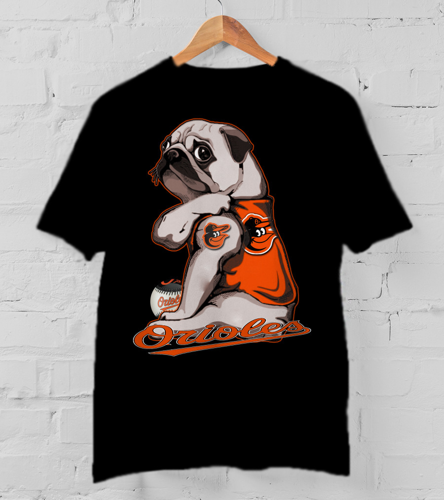 Pug Wearing Baltimore Orioles Jersey With Orioles Baseball T-Shirt