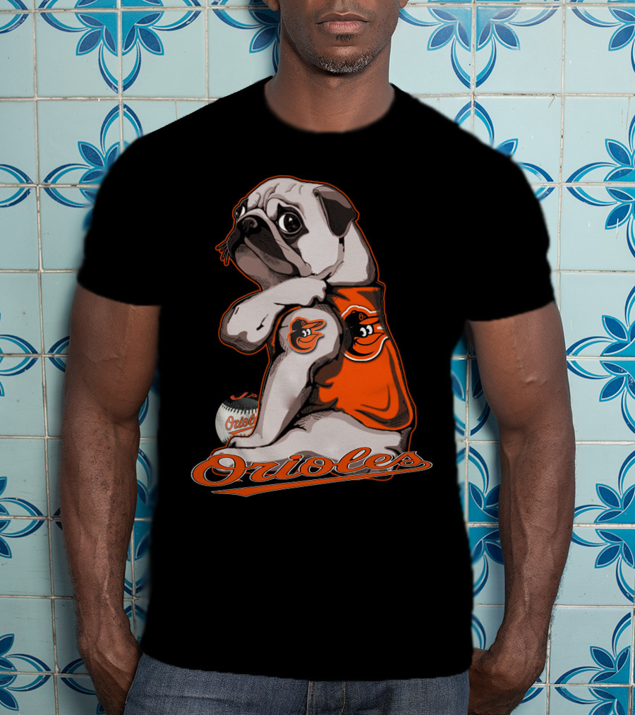 Pug Wearing Baltimore Orioles Jersey With Orioles Baseball T-Shirt