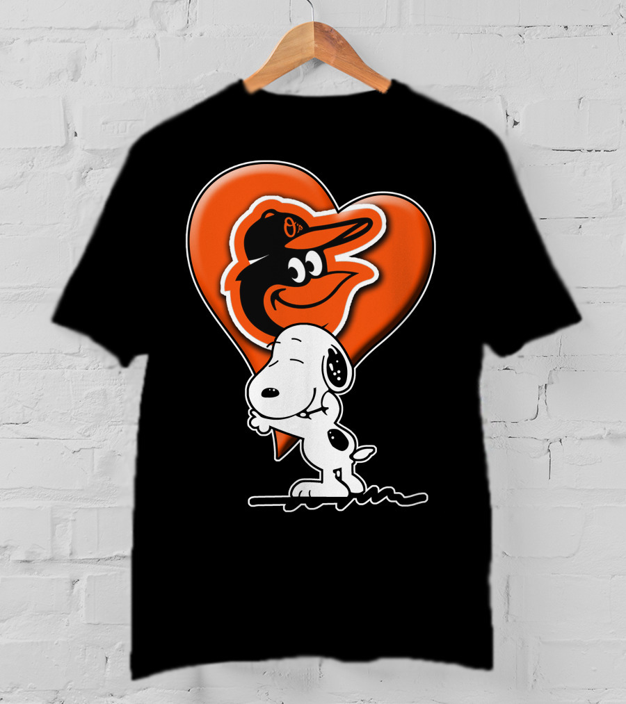 Snoopy Hugging Heart With Baltimore Orioles Bird T-Shirt