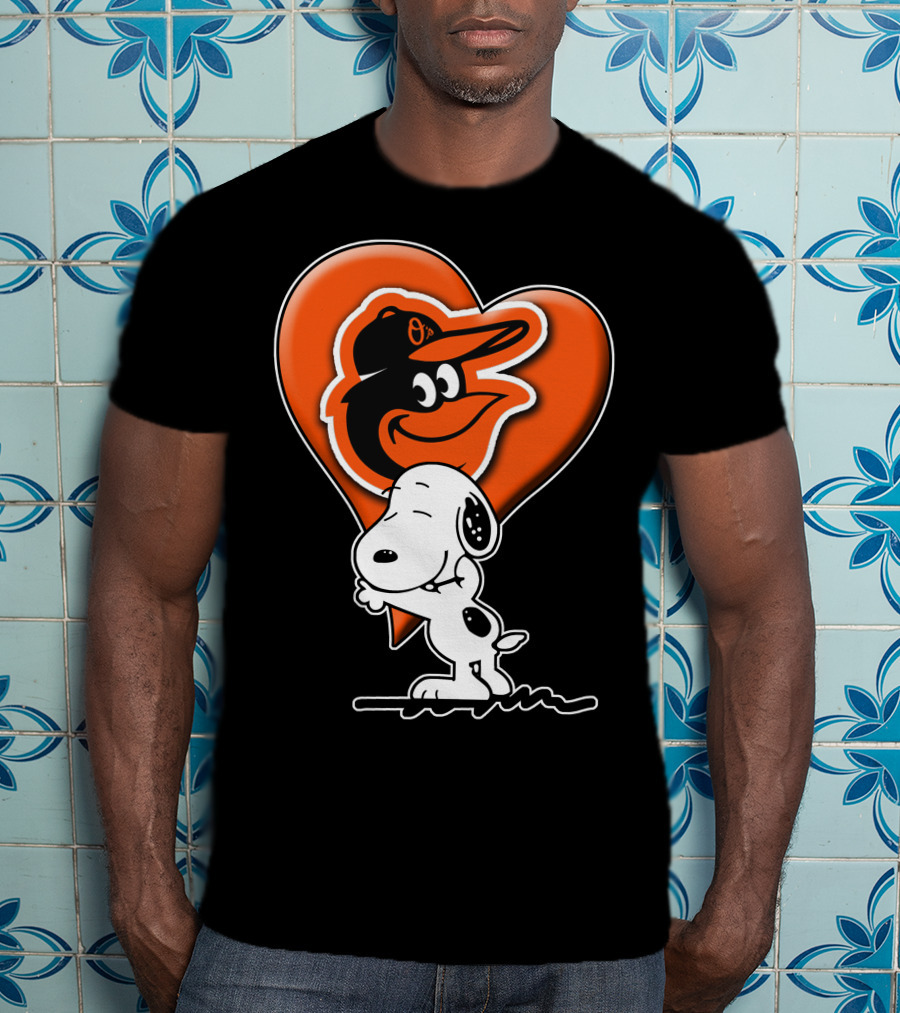 Snoopy Hugging Heart With Baltimore Orioles Bird T-Shirt
