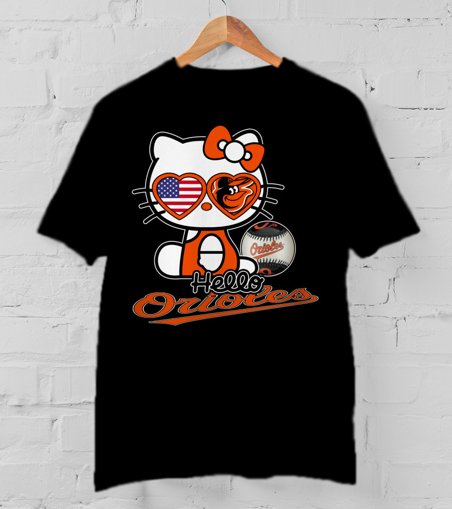 Hello Kitty Orioles Baltimore American Flag Baseball T-Shirt
